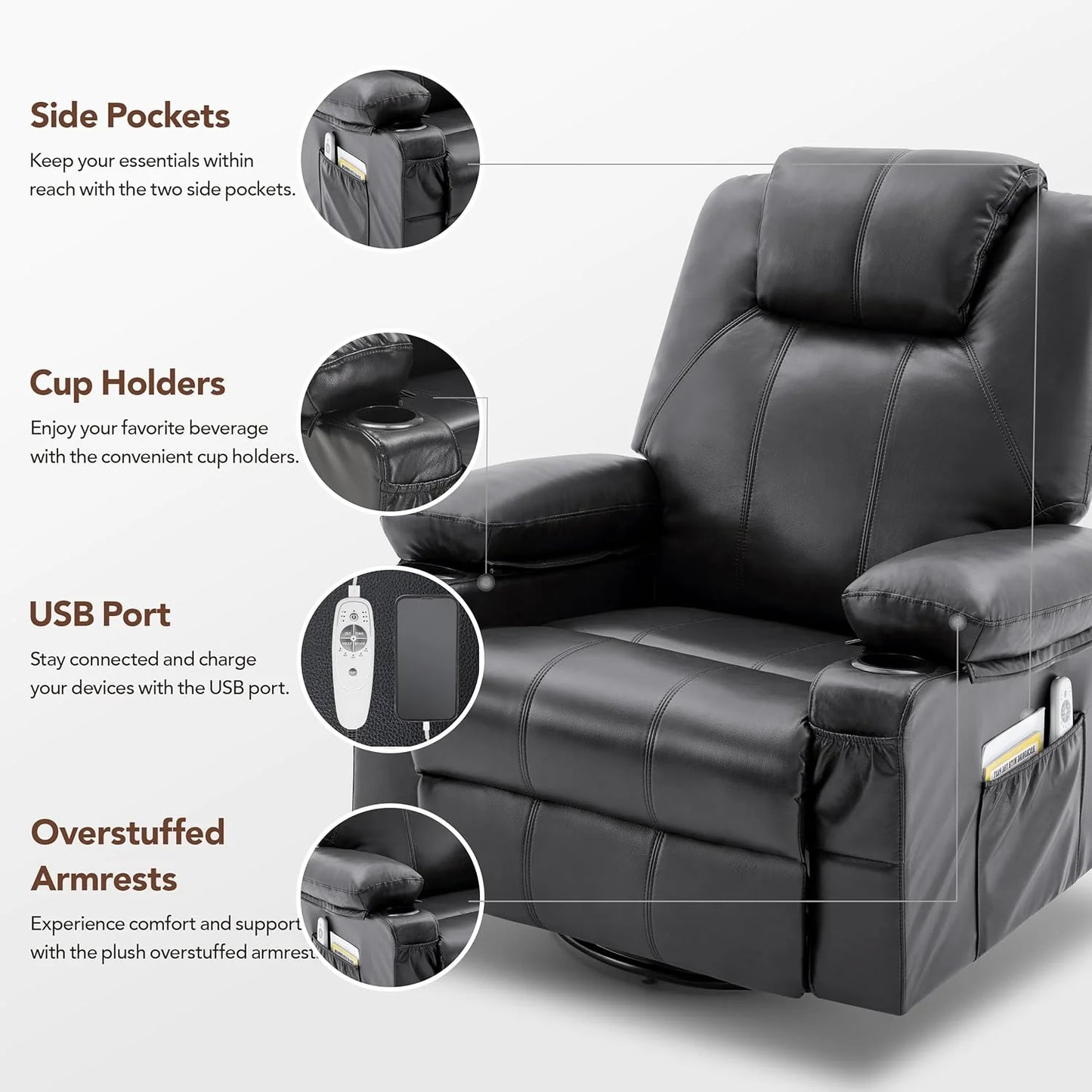 Oversized Swivel Rocker Recliner Chair with Heat and Massage, 360 Degree Swivel Rocking Single Sofa with Cup Holders and USB Port, Large Big Recliner Chair for Living Room (Leather, Brown)