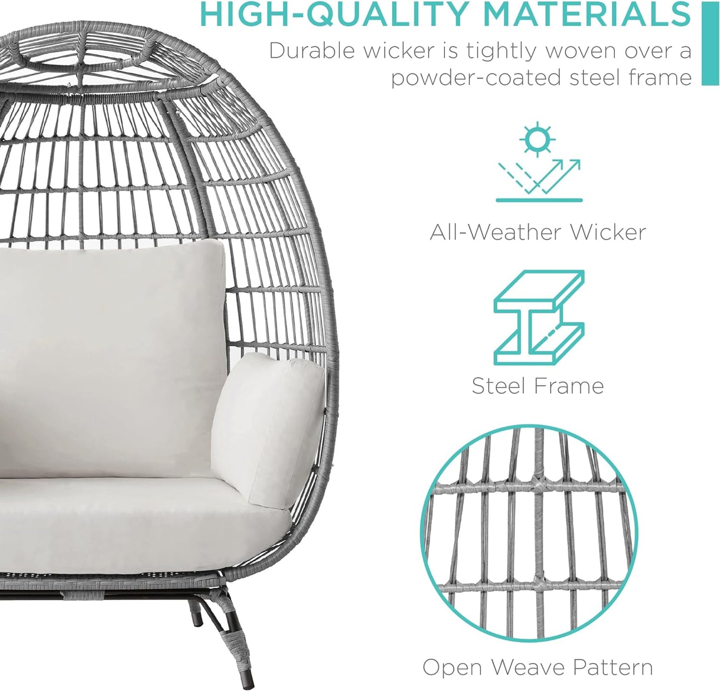 Best Choice Products Wicker Egg Chair Oversized Indoor Outdoor Lounger for Patio Backyard Living Room w/ 4 Cushions Steel Frame 440lb Capacity - Ivory