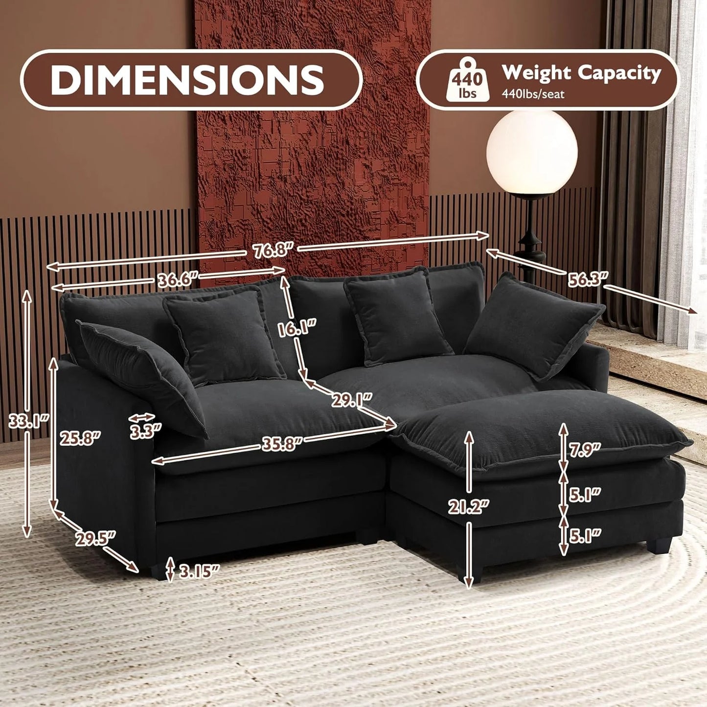 111.4 Inch L-Shaped Modern Sofa Modular Cloud Sofa Ottoman 4-Seater Chenille Deep Seat Sofa