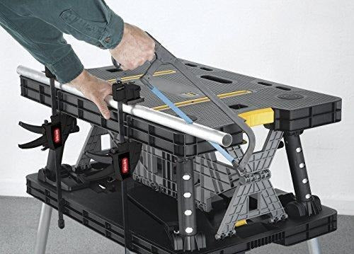 Keter C 197283 Folding Table Work Bench for Miter Saw Stand, Woodworking Tools and Accessories with Included 12 Inch Wood Clamps C Easy Garage Storage Black/Yellow