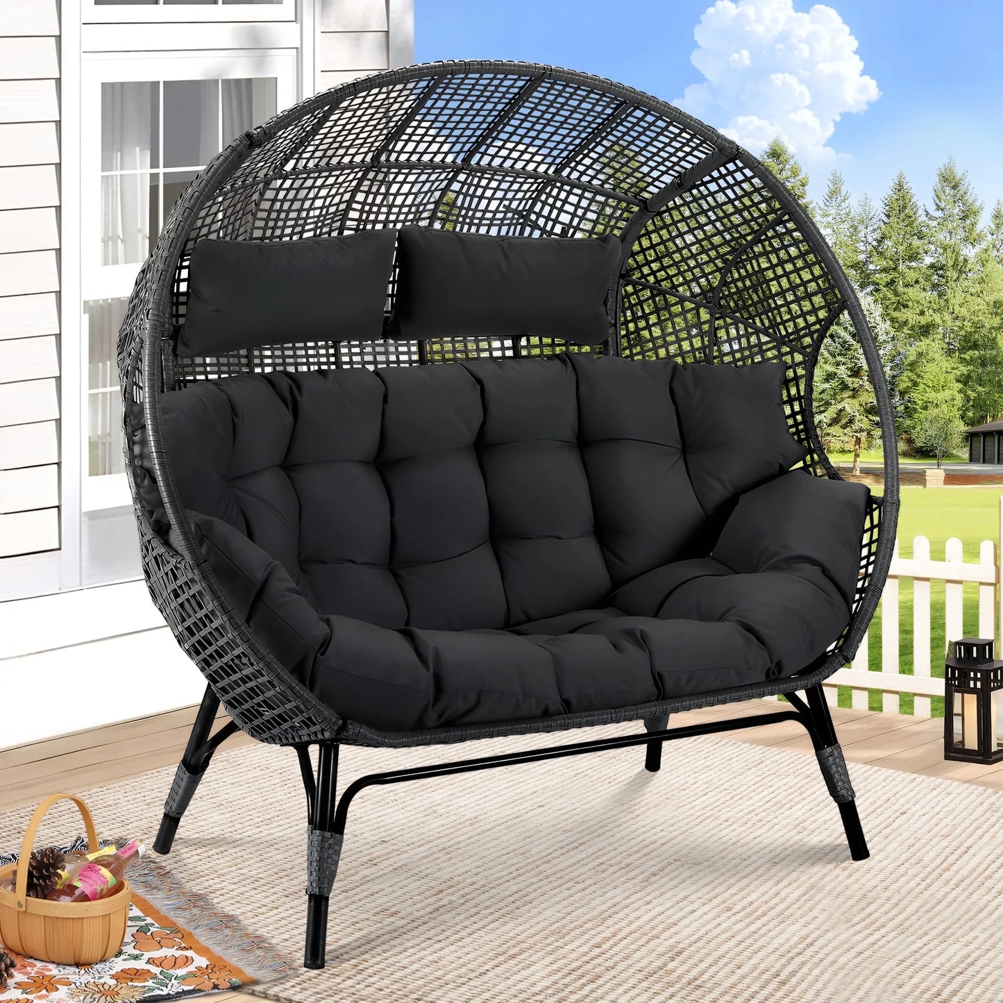 RADIATA Double Egg Chair for 2 Person, Oversized Wicker Loveseat with Thick Cushions, 680 lbs Capacity, Indoor Outdoor Stationary Patio Lounge Chair for Balcony, Garden, Beige