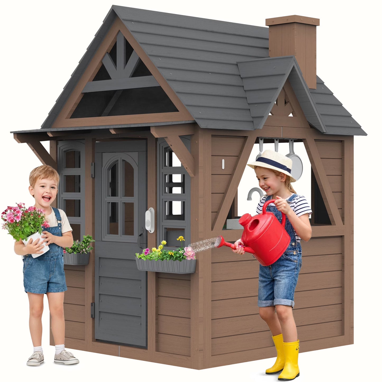 COCLUB Outdoor Playhouse for Kids Ages 4-8, Wooden Play House with Doorbell, Phone, Kitchen Toys, Outdoor Kids Play Equipment, Casa Para Ni?as (45L x 65H), White & Black