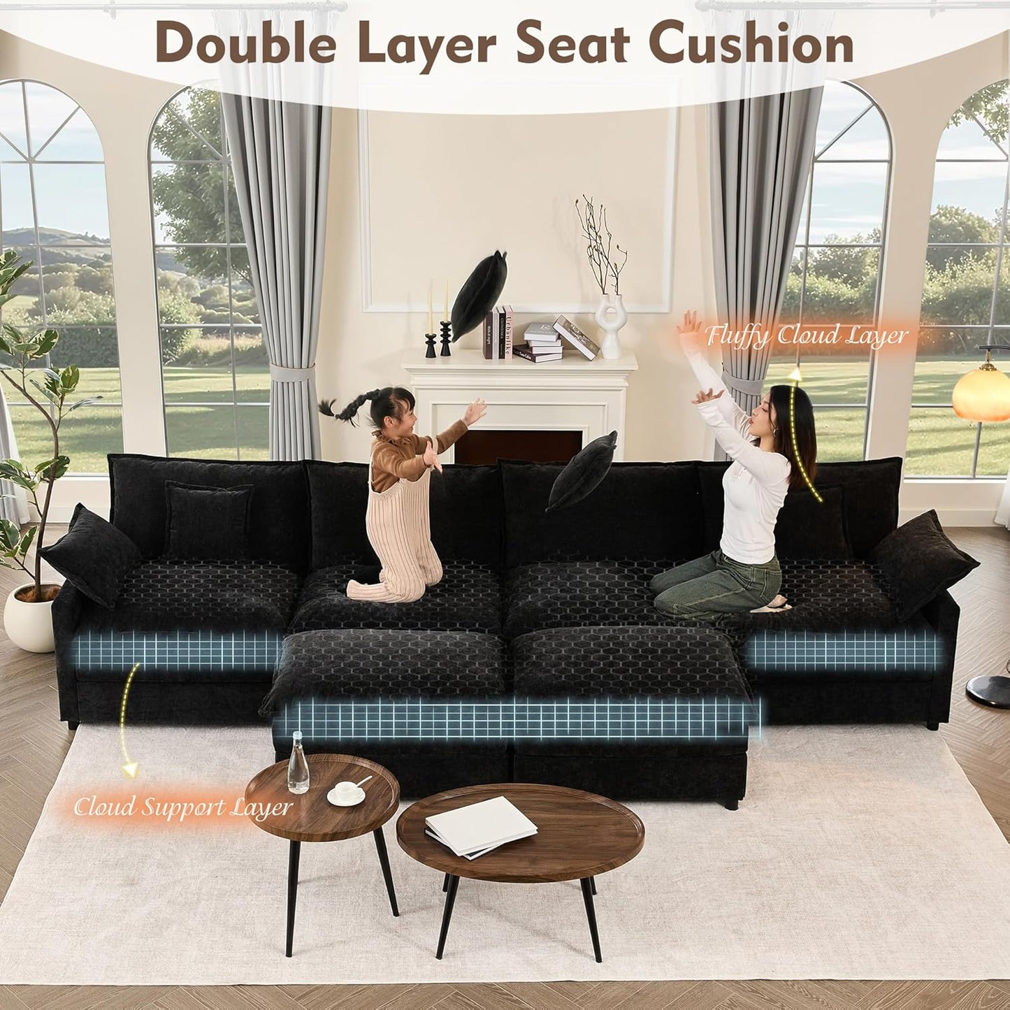 108 Inch U Shape Sofa Sectional Sofa Comfortable Cloud Sofa with Removable Footstool