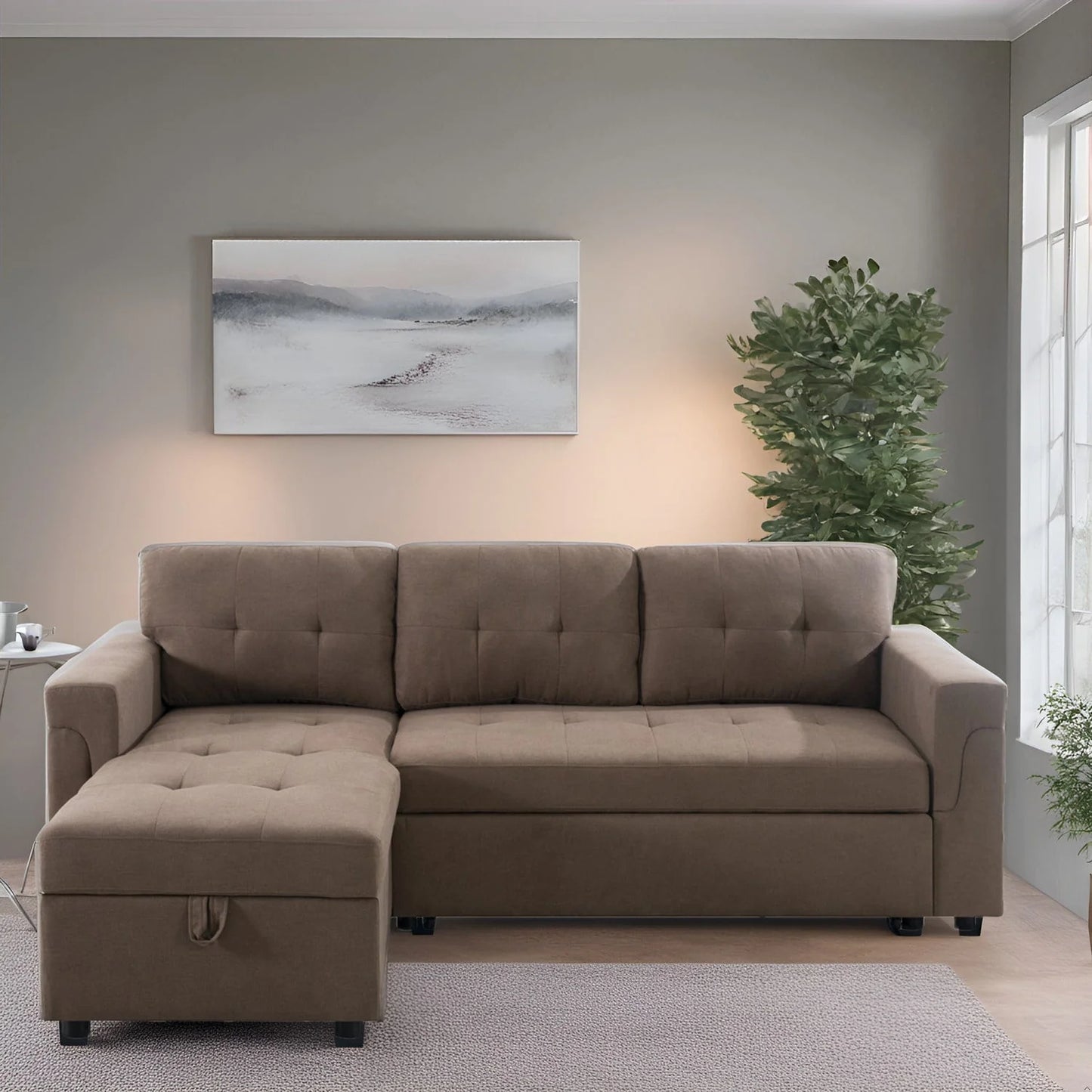 Convertible Reversible Sectional Sofa with Pull-Out Sleeper Bed, Hidden Storage Chaise, and Durable Legs