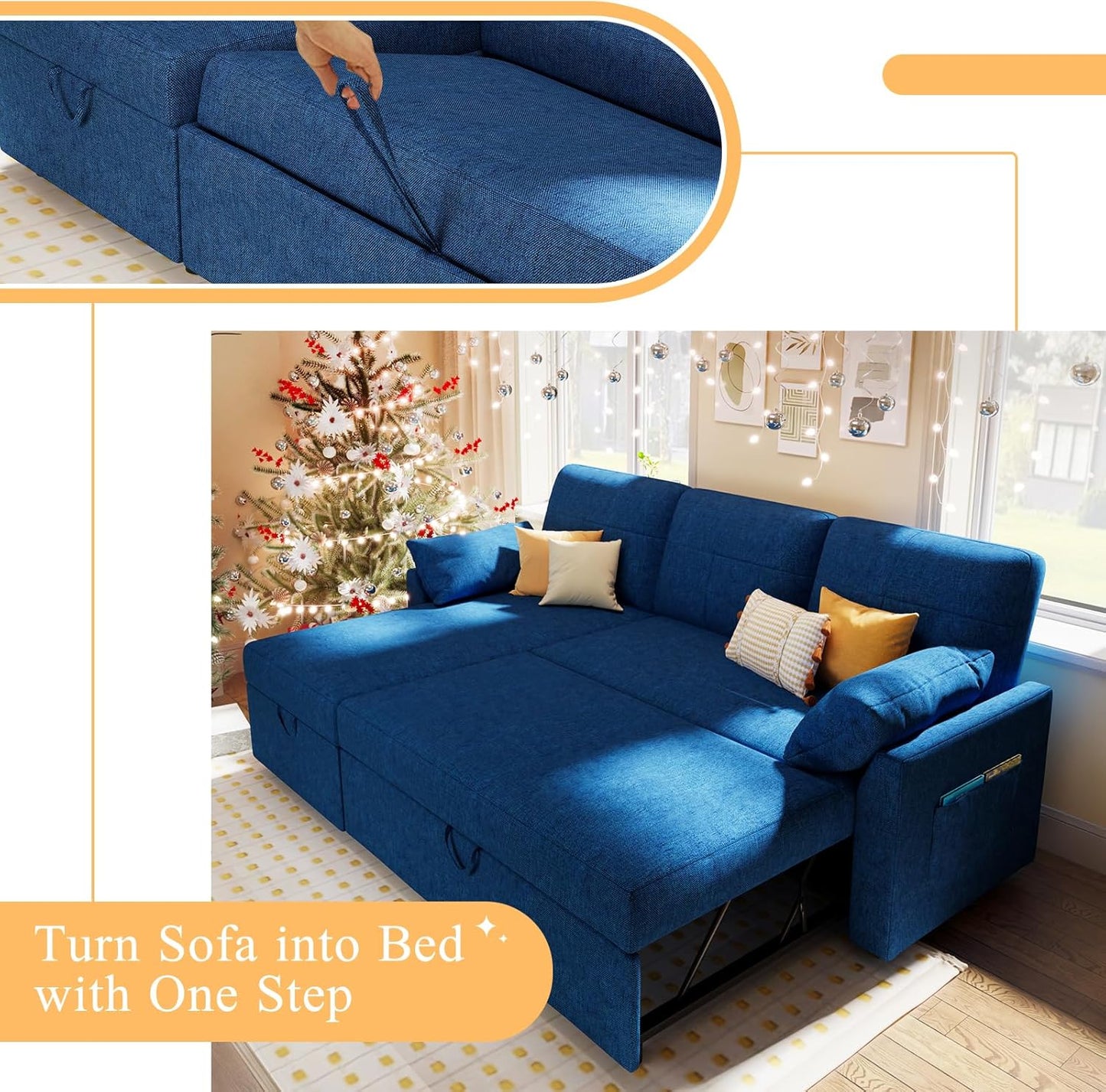 VanAcc Sofa Bed, Sleeper Sofa with Storage Chaise 2 in 1 Pull Out Couch Living Room