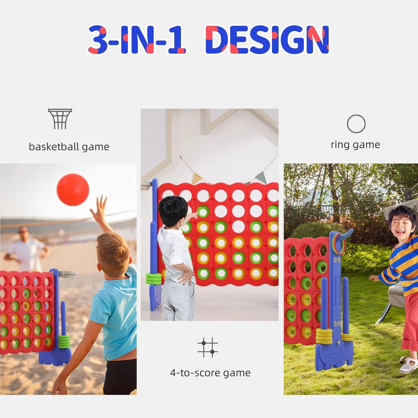 UNICOO? 3-in-1 Giant 4 in A Row Game, Featuring Basketball Hoop, Ring Toss Game & 4-to-Score Game. Perfect for Kids & Adults, Parties & Gatherings with Carrying Bag (Red + Blue)
