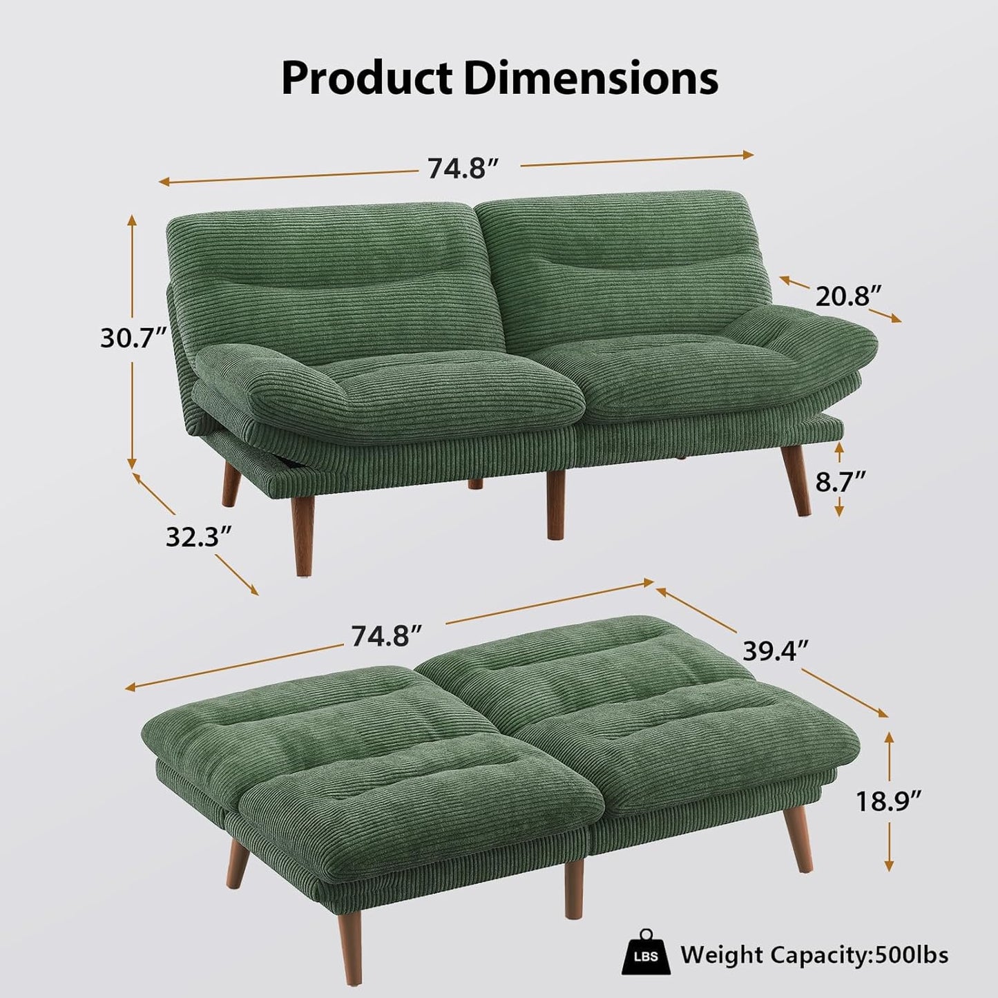 Pipishell Convertible Futon Sofa Bed,66" Corduroy Futon Couch with Adjustable Backrest and Armrests, Recliner Sleeper Sofa for Small Spaces, Play Room or Office, Grey