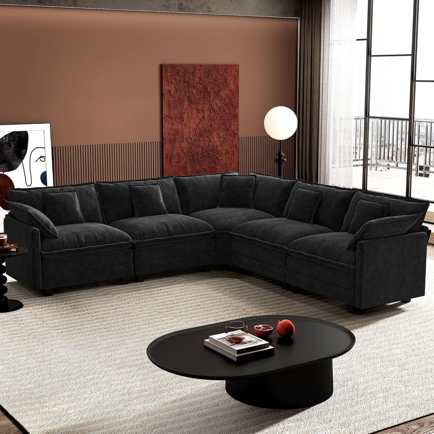 Ihanherry 146" U-Shaped Modern Sofa Modular Sectional Cloud Couch with 2 Ottoman, 6-Seat Chenille Deep Seat Sofa with 6 Pillows for Living Room, Bedroom and Apartment, Grey