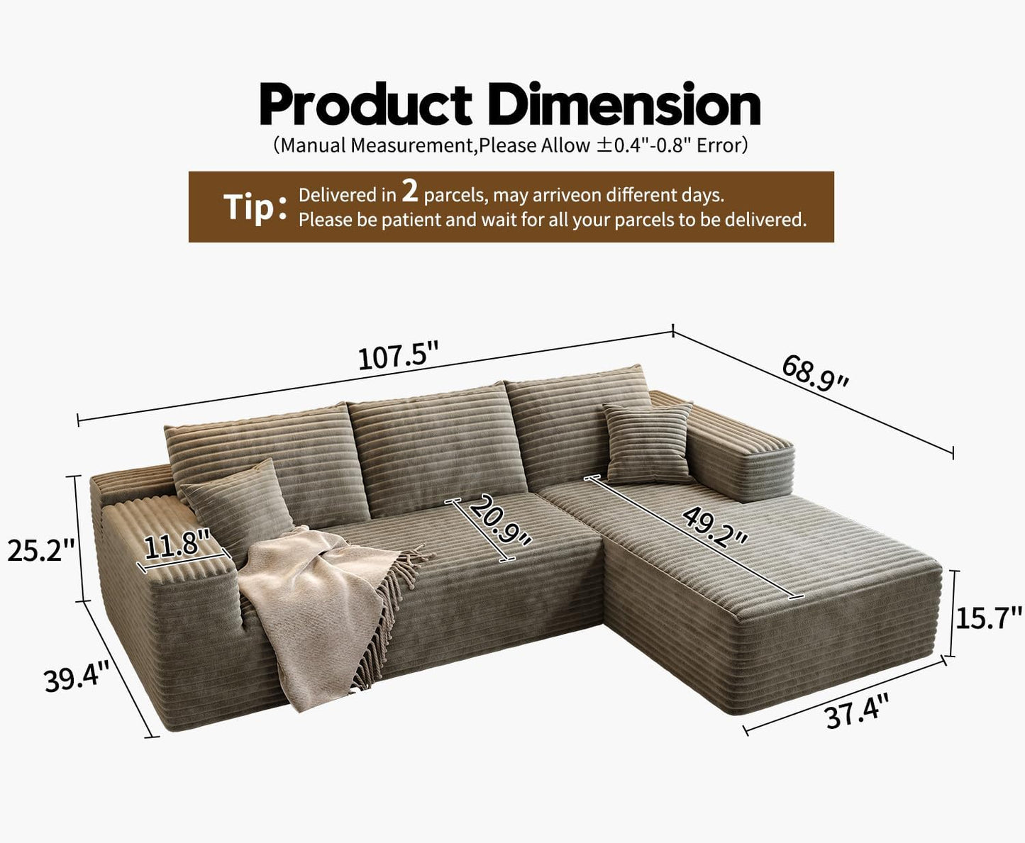 107.5" Cloud Modular Sectional Sofa Couch with L-Shape Chaise,Modern Minimalist Upholstered Couches for Living Room Bedroom,Deep Seat Corner Couch .No Assembly Required (Black,Left Facing Chaise)
