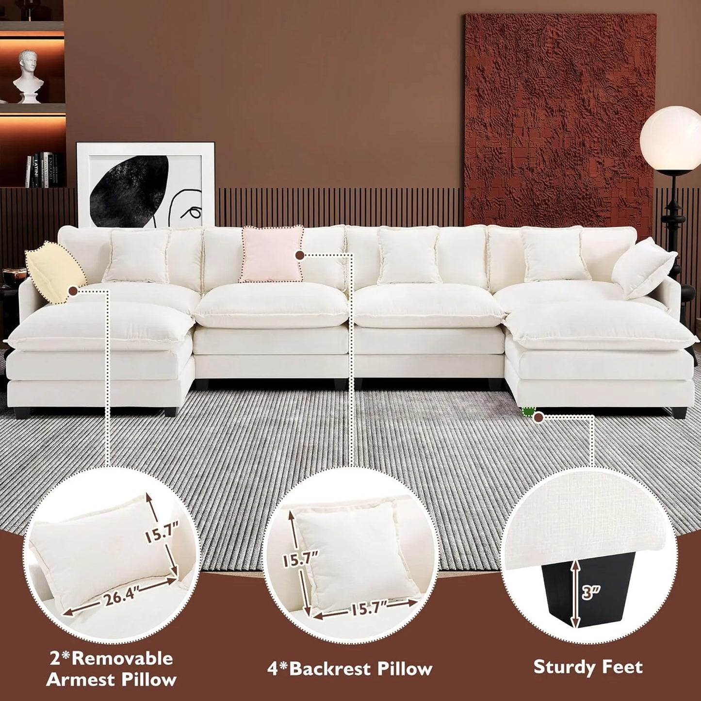 Ihanherry 146" U-Shaped Modern Sofa Modular Sectional Cloud Couch with 2 Ottoman, 6-Seat Chenille Deep Seat Sofa with 6 Pillows for Living Room, Bedroom and Apartment, Grey