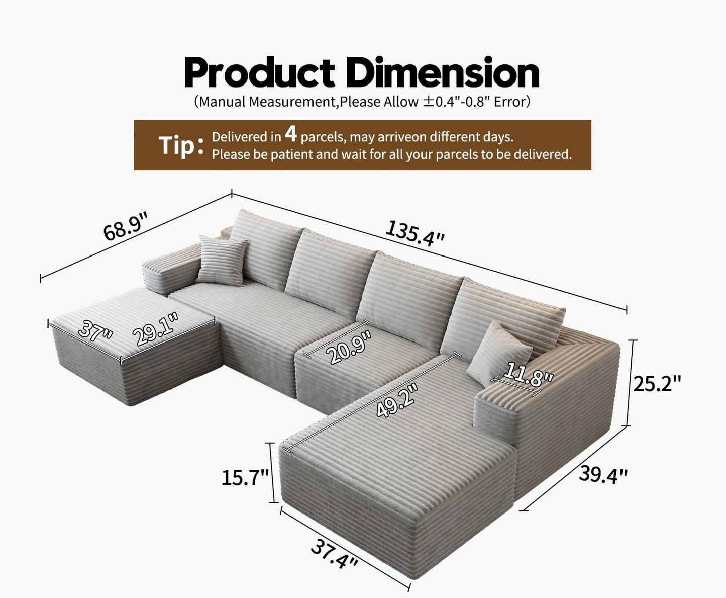 107.5" Cloud Modular Sectional Sofa Couch with L-Shape Chaise,Modern Minimalist Upholstered Couches for Living Room Bedroom,Deep Seat Corner Couch .No Assembly Required (Black,Left Facing Chaise)