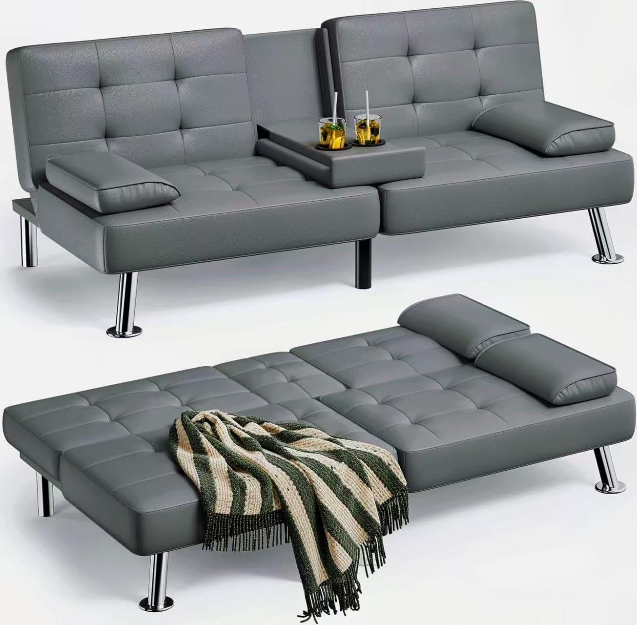 Homall Futon Sofa Bed Leather Futon Couch with Armrests Adjustable Recliner Sleeper Sofa Bed