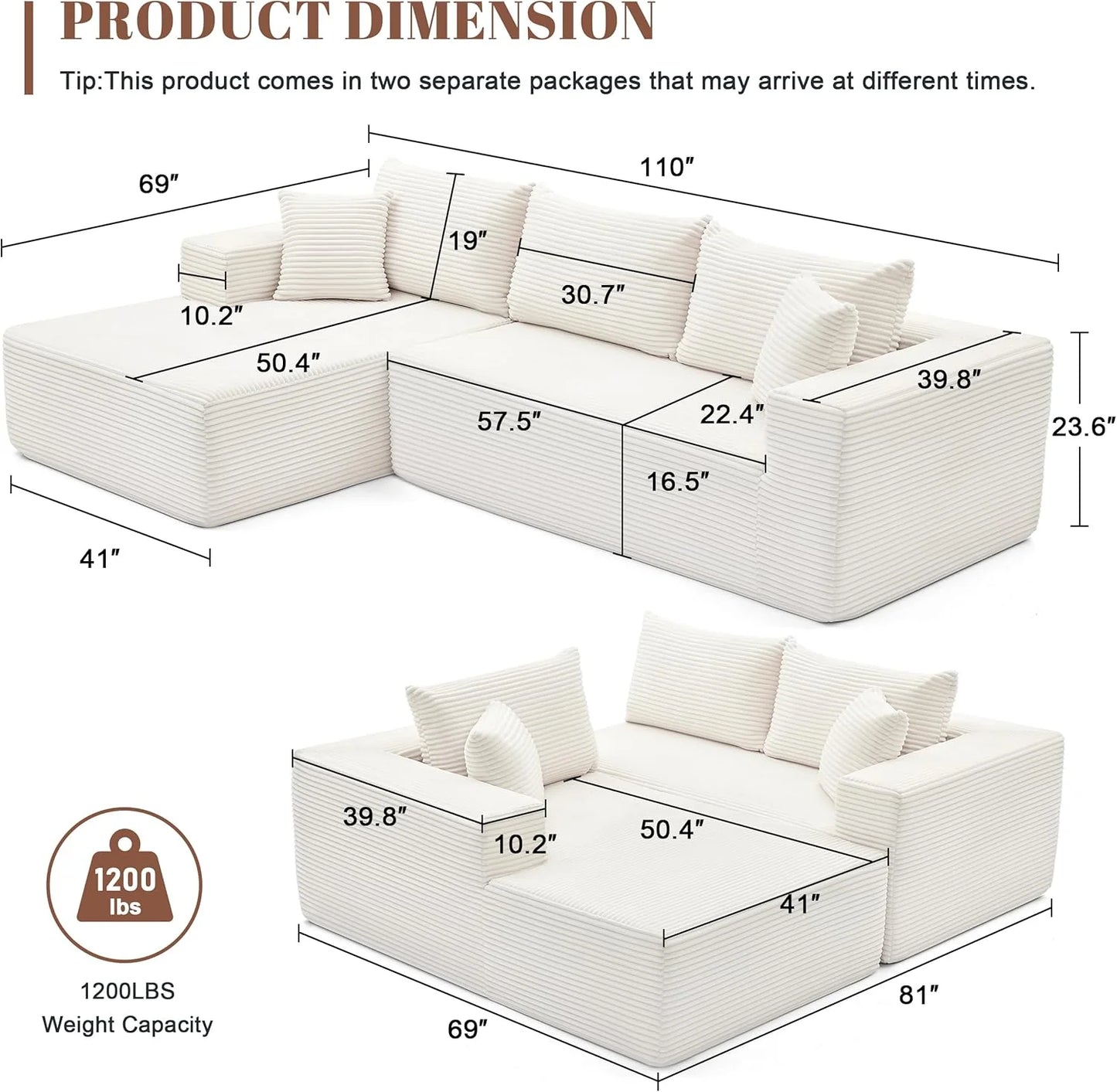 110 Cloud Sectional Couch, Boneless Sofa for Living Room Modular Sectional Sofa with Deep Seat