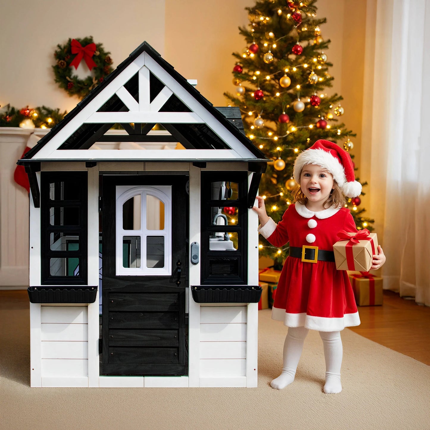 COCLUB Outdoor Playhouse for Kids Ages 4-8, Wooden Play House with Doorbell, Phone, Kitchen Toys, Outdoor Kids Play Equipment, Casa Para Ni?as (45L x 65H), White & Black