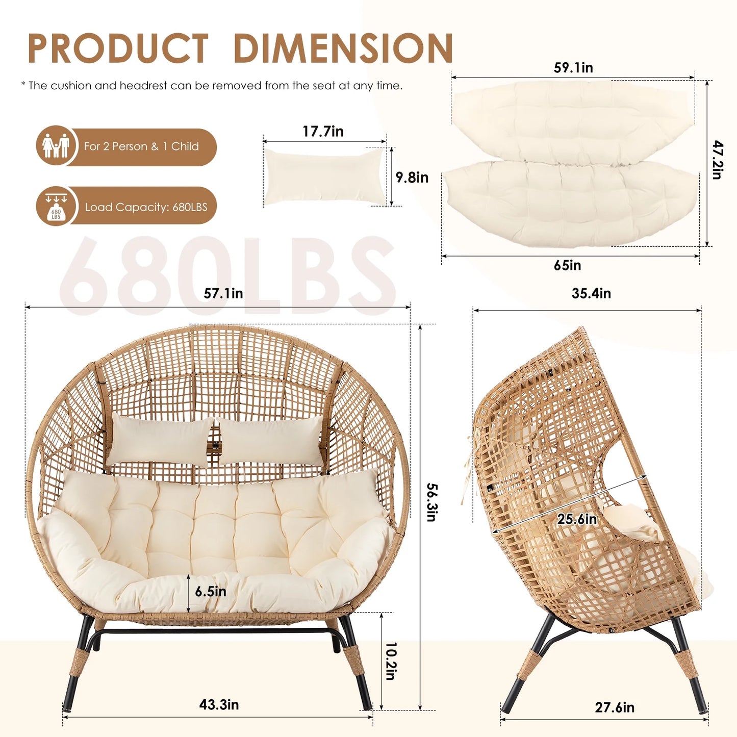 RADIATA Double Egg Chair for 2 Person, Oversized Wicker Loveseat with Thick Cushions, 680 lbs Capacity, Indoor Outdoor Stationary Patio Lounge Chair for Balcony, Garden, Beige