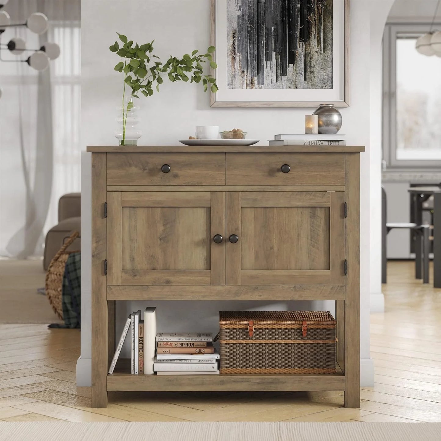 HOSTACK Farmhouse Console Table with 2-Door Cabinet & 2 Drawers, Coffee Bar, Entryway Table with Storage Shelf, Sofa Tables Buffet Sideboard for Kitchen, Hallway, Dining, Living Room, Rustic Brown