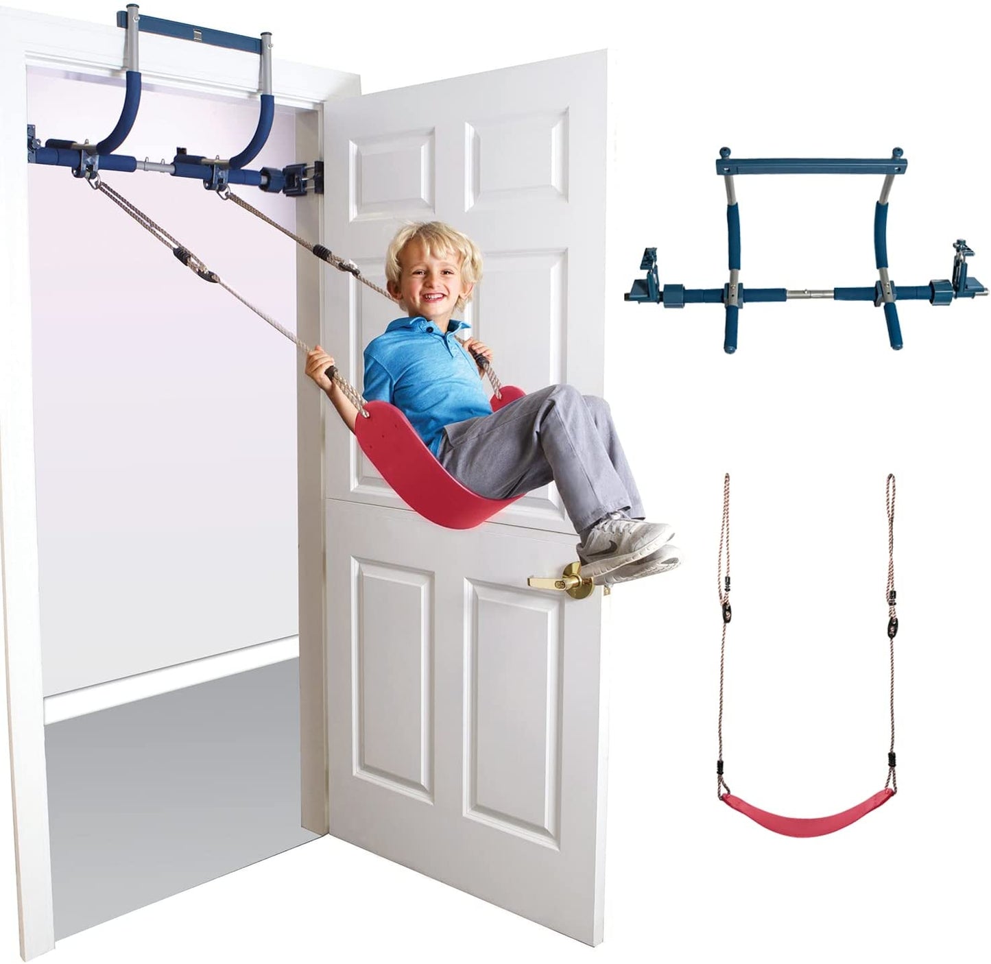 6 Piece Indoor Doorway Gym Set for Kids – Indoor Swing for Kids Includes Kids Swing Chair, Rings, Hanging Trapeze, Ladder, Swinging Rope & Pullup Bar