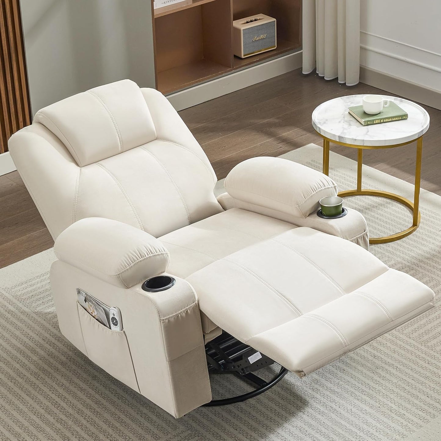 Oversized Swivel Rocker Recliner Chair with Heat and Massage, 360 Degree Swivel Rocking Single Sofa with Cup Holders and USB Port, Large Big Recliner Chair for Living Room (Leather, Brown)