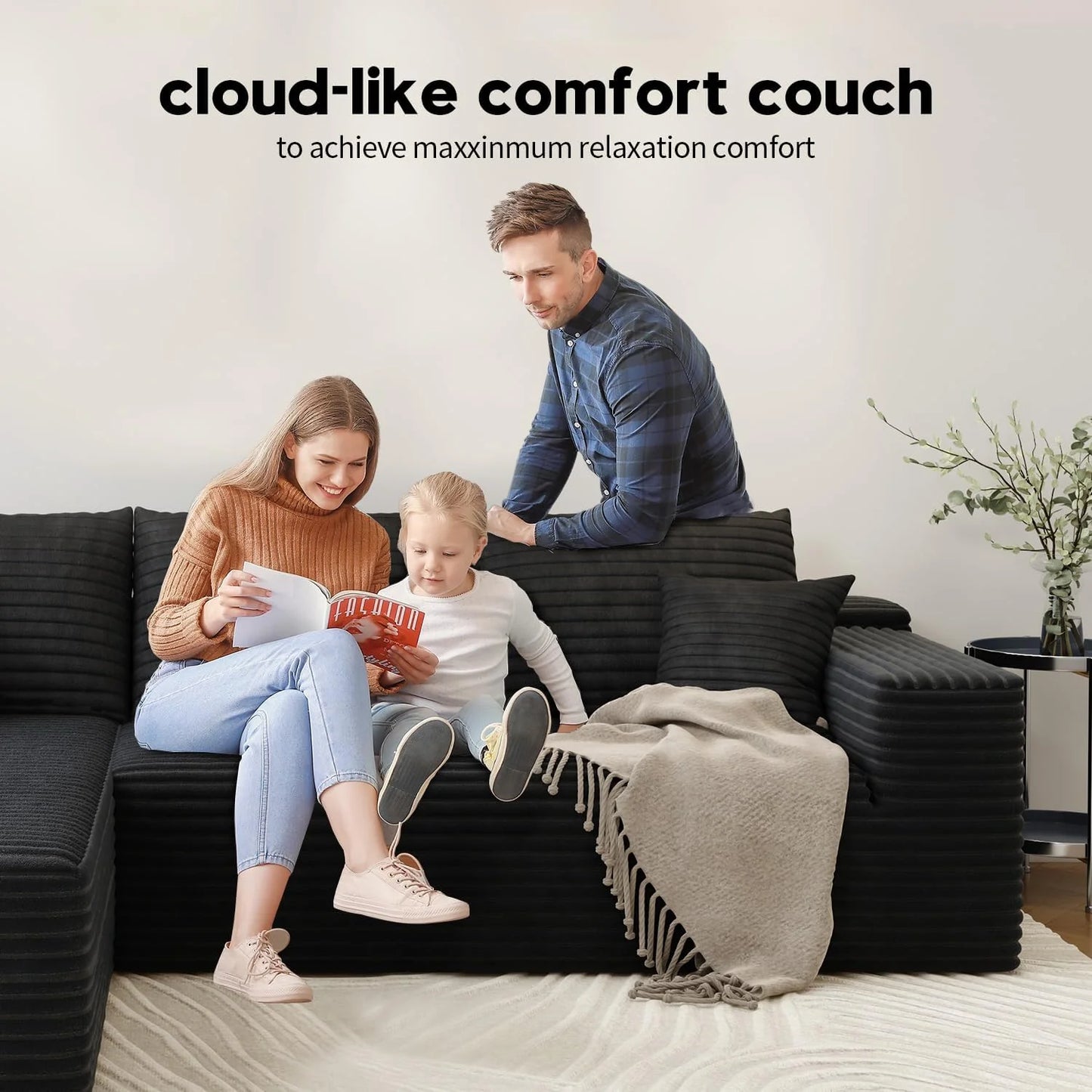 107.5" Cloud Modular Sectional Sofa Couch with L-Shape Chaise,Modern Minimalist Upholstered Couches for Living Room Bedroom,Deep Seat Corner Couch .No Assembly Required (Black,Left Facing Chaise)