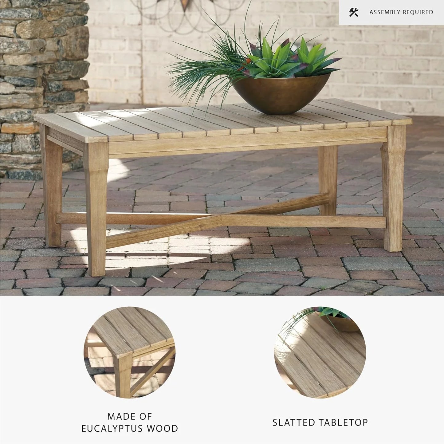 Signature Design by Ashley Clare View Coastal Outdoor Patio Eucalyptus Sofa with Cushions, Beige